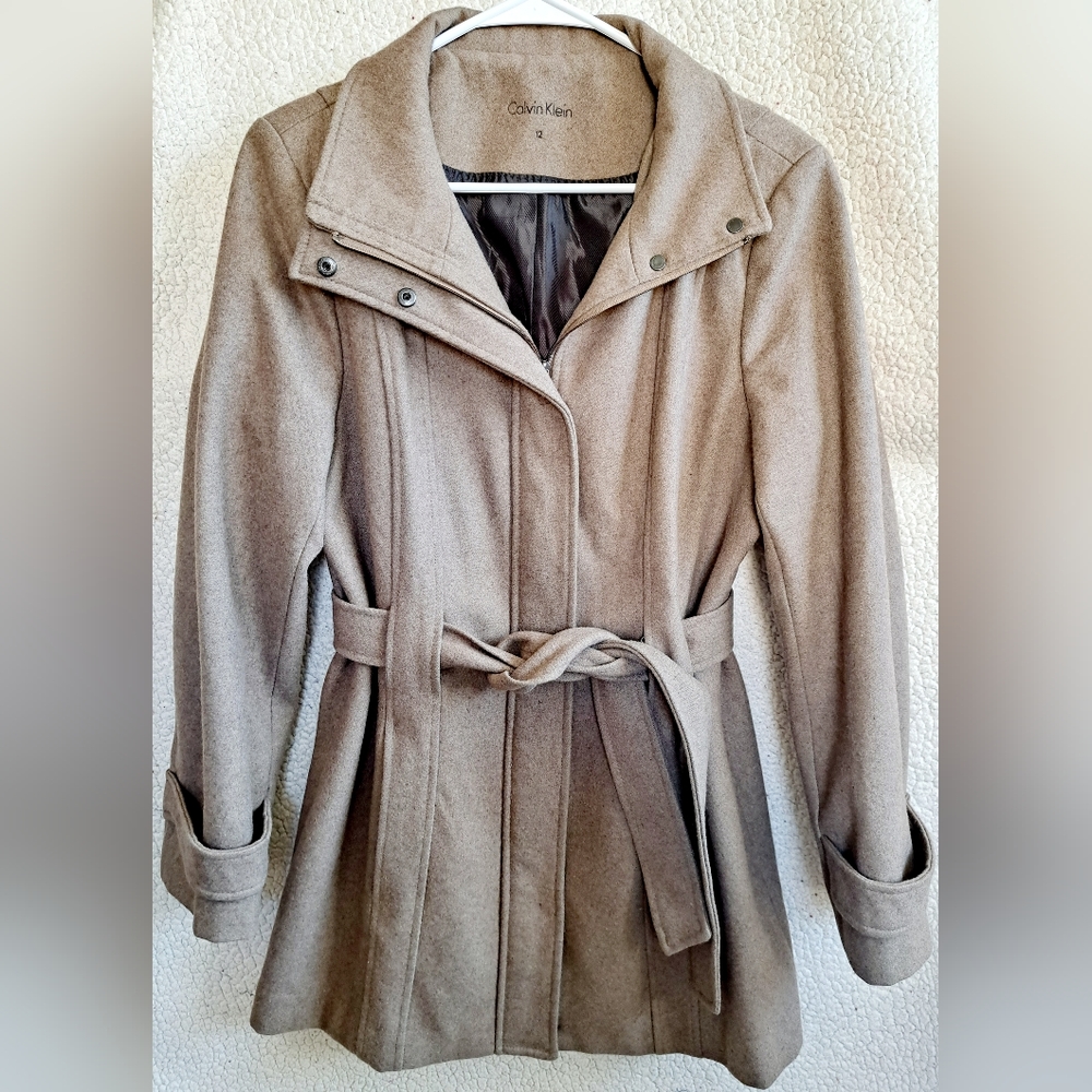 Women's Calvin Klein Brown Button/ Zipper Wool Blend Coat with Belt